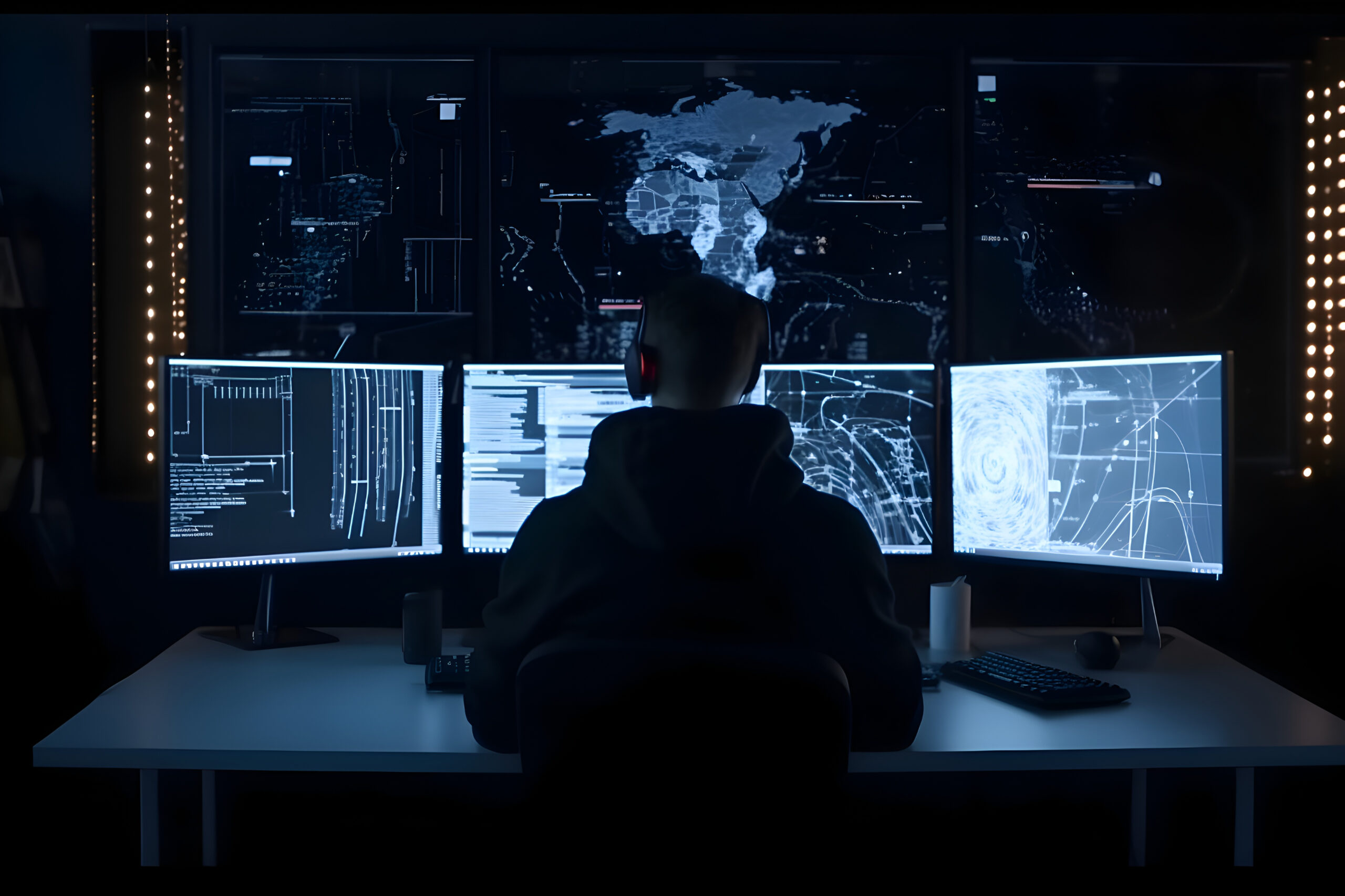 Hacker in dark room with computer monitors and world map on screen